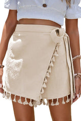 Apricot Tassel Trim Wrap Knot Side Bohemian Style Mini Skort Casual Shorts JT's Designer Fashion