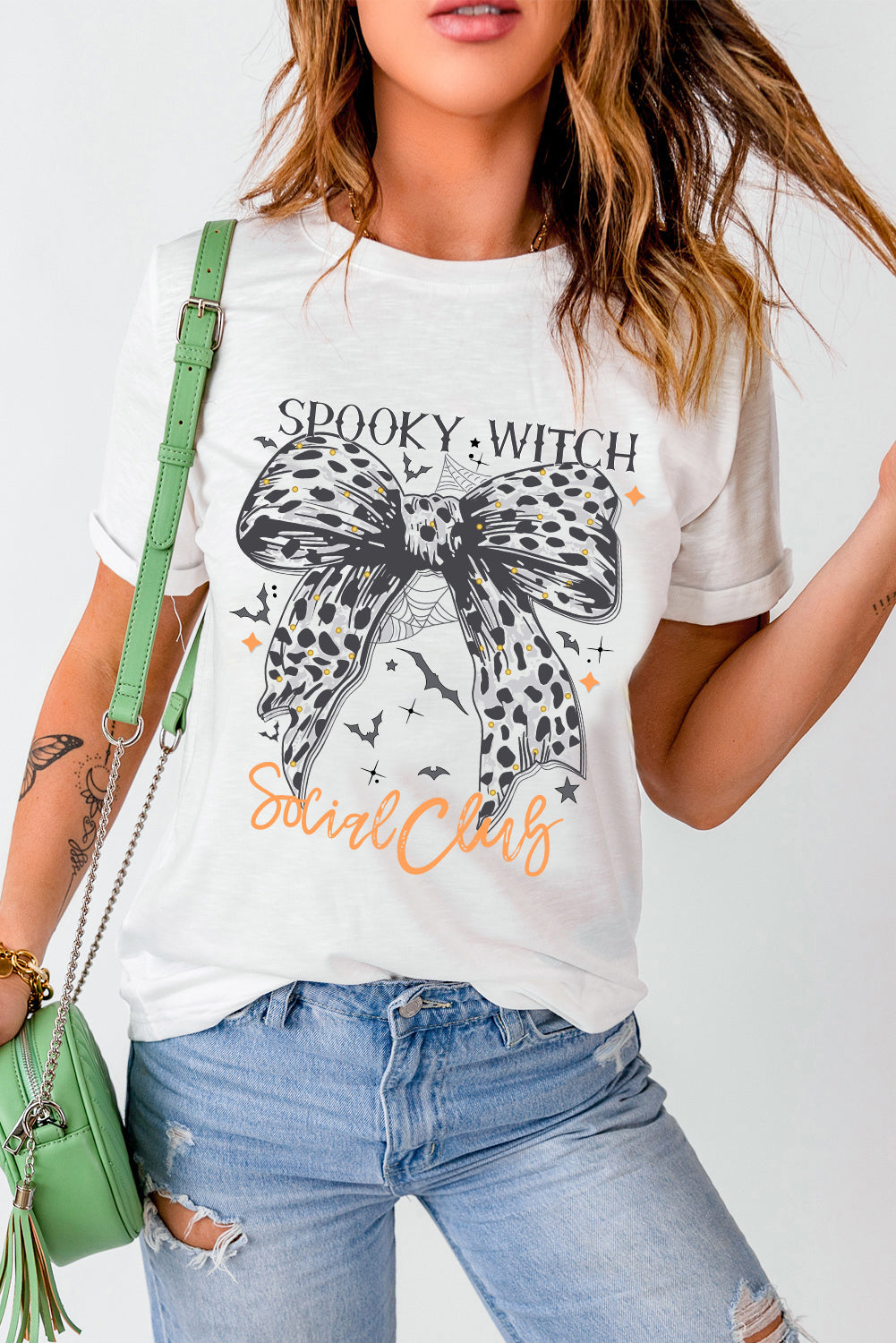 White SPOOKY WITCH Leopard Bowknot Bat Graphic Halloween T Shirt Graphic Tees JT's Designer Fashion