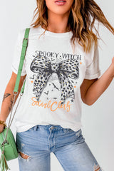 White SPOOKY WITCH Leopard Bowknot Bat Graphic Halloween T Shirt Graphic Tees JT's Designer Fashion