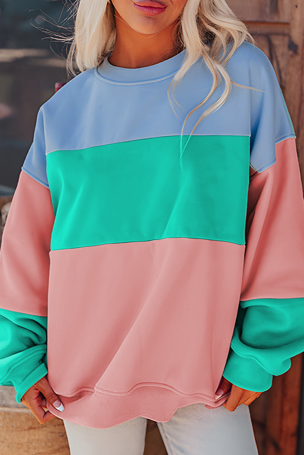 Blossom Colorblock Patchwork Drop Shoulder Sweatshirt Sweatshirts & Hoodies JT's Designer Fashion