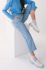 Sky Blue Checkered Elastic High Waist Loose Casual Pants Pants & Culotte JT's Designer Fashion