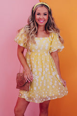 Yellow Boho Flower Jacquard Puff Sleeve Square Neck Mini Dress Floral Dresses JT's Designer Fashion