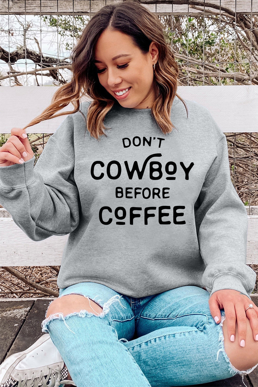 Gray Letter Print Drop Shoulder Crew Neck Pullover Sweatshirt Graphic Sweatshirts JT's Designer Fashion