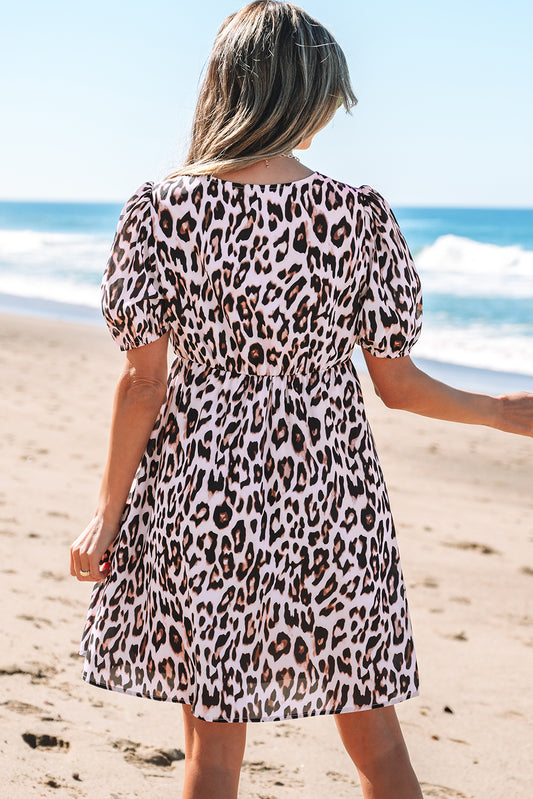 Brown Leopard Tied Front Keyhole Puff Short Sleeve Mini Dress Mini Dresses JT's Designer Fashion