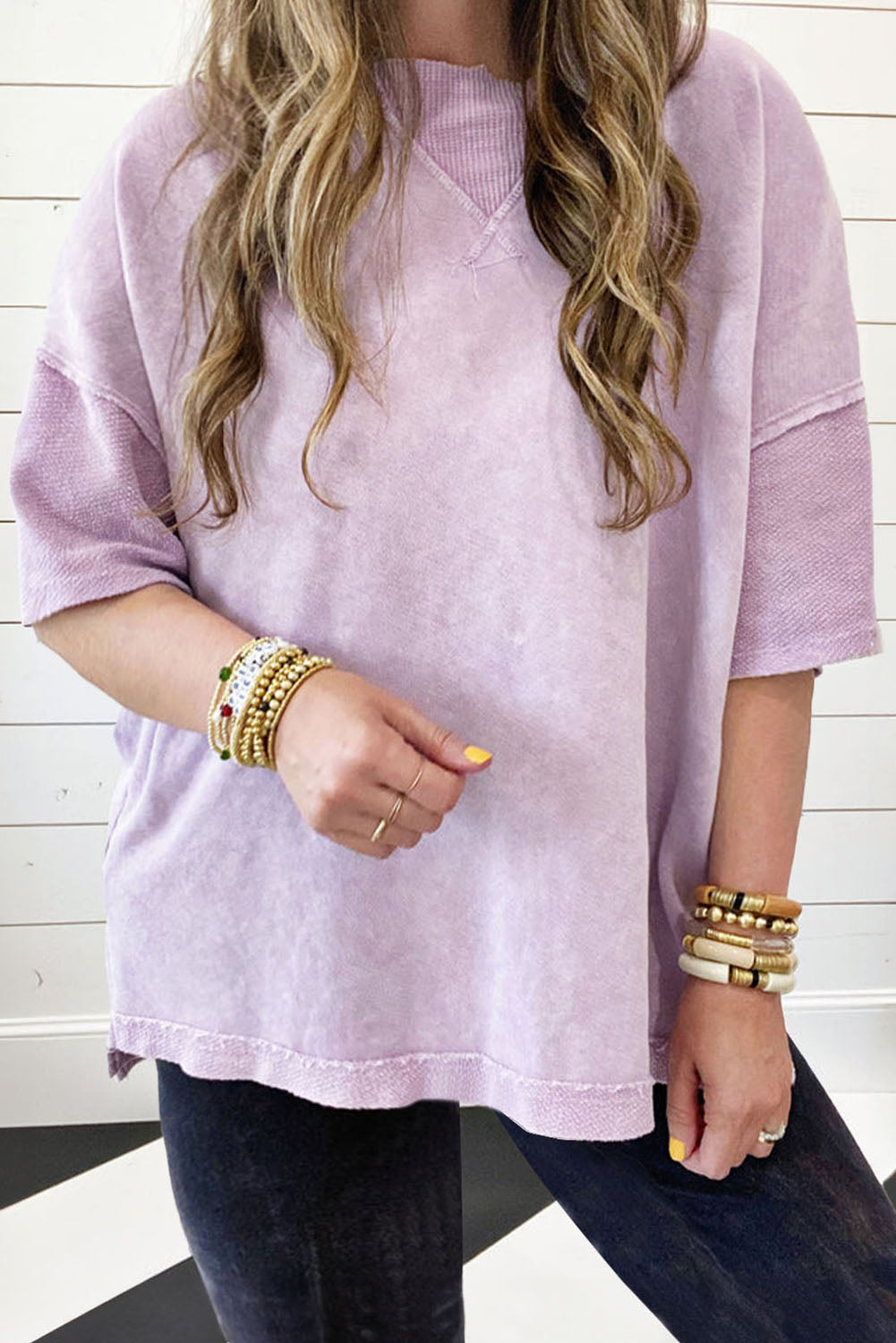 Orchid Petal Mineral Wash Drop Sleeve Patchwork Plus Tee Orchid Petal (US 14W-16W)1X 85%Cotton+15%Polyester Plus Size JT's Designer Fashion