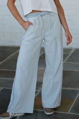 Beau Blue Light Wash Contrast Trim Center Seam Drawstring Elastic Waistband Wide Leg Denim Pants Jeans JT's Designer Fashion