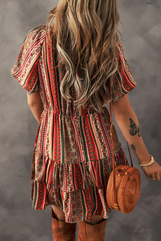 Red Bohemian Floral Print Buttoned V Neck Ruffle Tiered Dress Floral Dresses JT's Designer Fashion