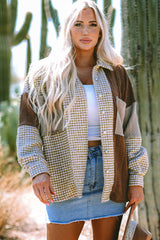 Khaki Houndstooth Color Contrast Textured Patchwork Loose Shacket Jackets JT's Designer Fashion