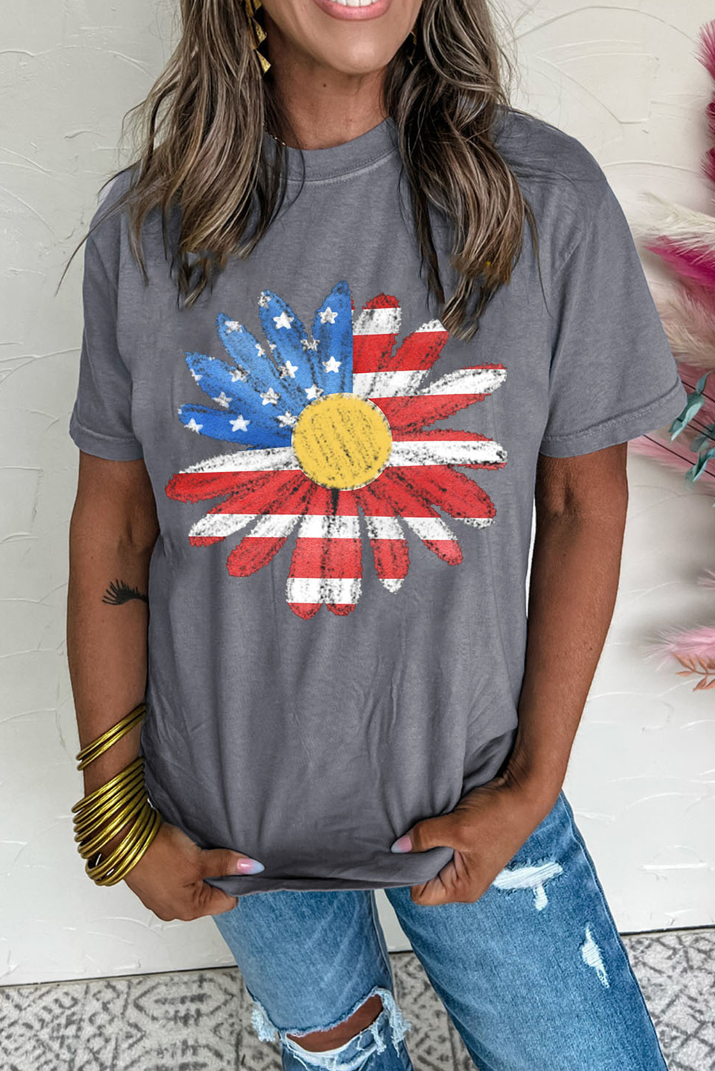 Gray Flag Pattern Sunflower Graphic Crew Neck Tee Graphic Tees JT's Designer Fashion