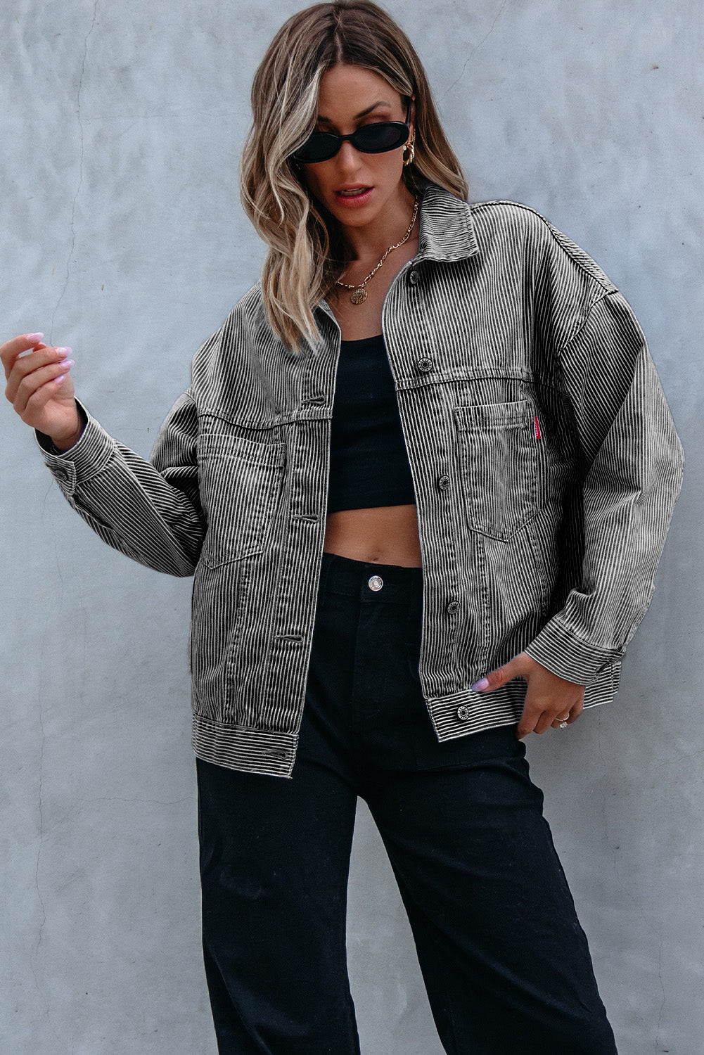 Blue Stripe Washed Oversize Pocketed Denim Jacket Denim Jackets JT's Designer Fashion