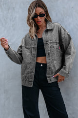 Blue Stripe Washed Oversize Pocketed Denim Jacket Denim Jackets JT's Designer Fashion