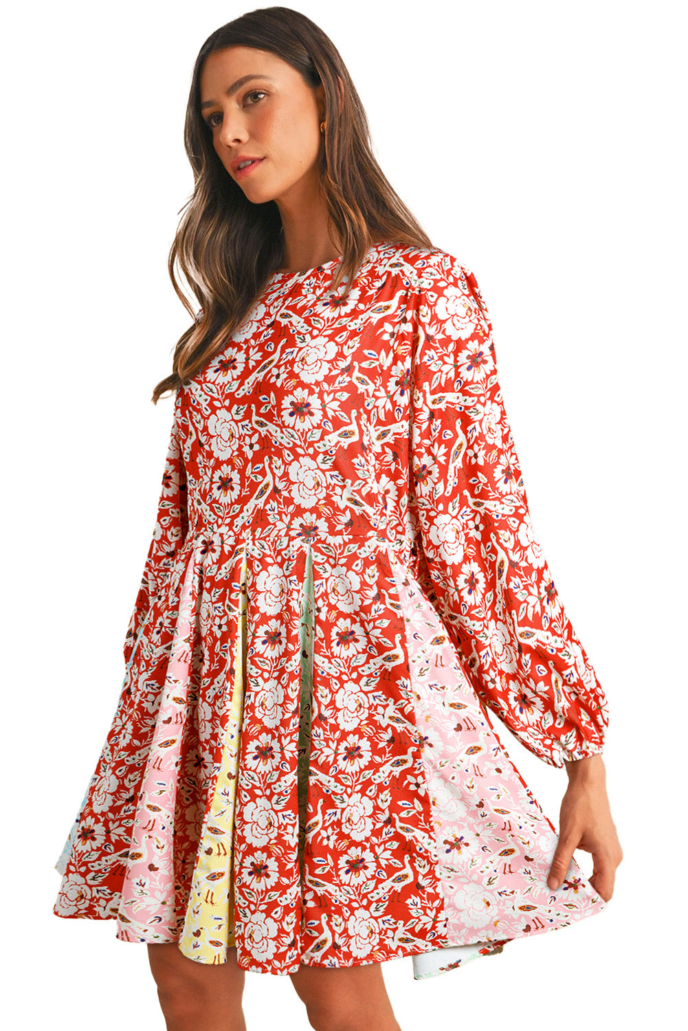 Red Colorful Floral Patchwork Long Sleeve Pleated Mini Dress Floral Dresses JT's Designer Fashion