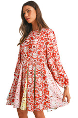 Red Colorful Floral Patchwork Long Sleeve Pleated Mini Dress Floral Dresses JT's Designer Fashion