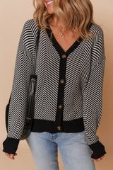 White Stripe Buttoned Front V Neck Herringbone Cardigan Cardigans JT's Designer Fashion