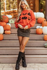 Orange Halloween Pumpkin Face Pattern Drop Shoulder Sweater Sweaters JT's Designer Fashion