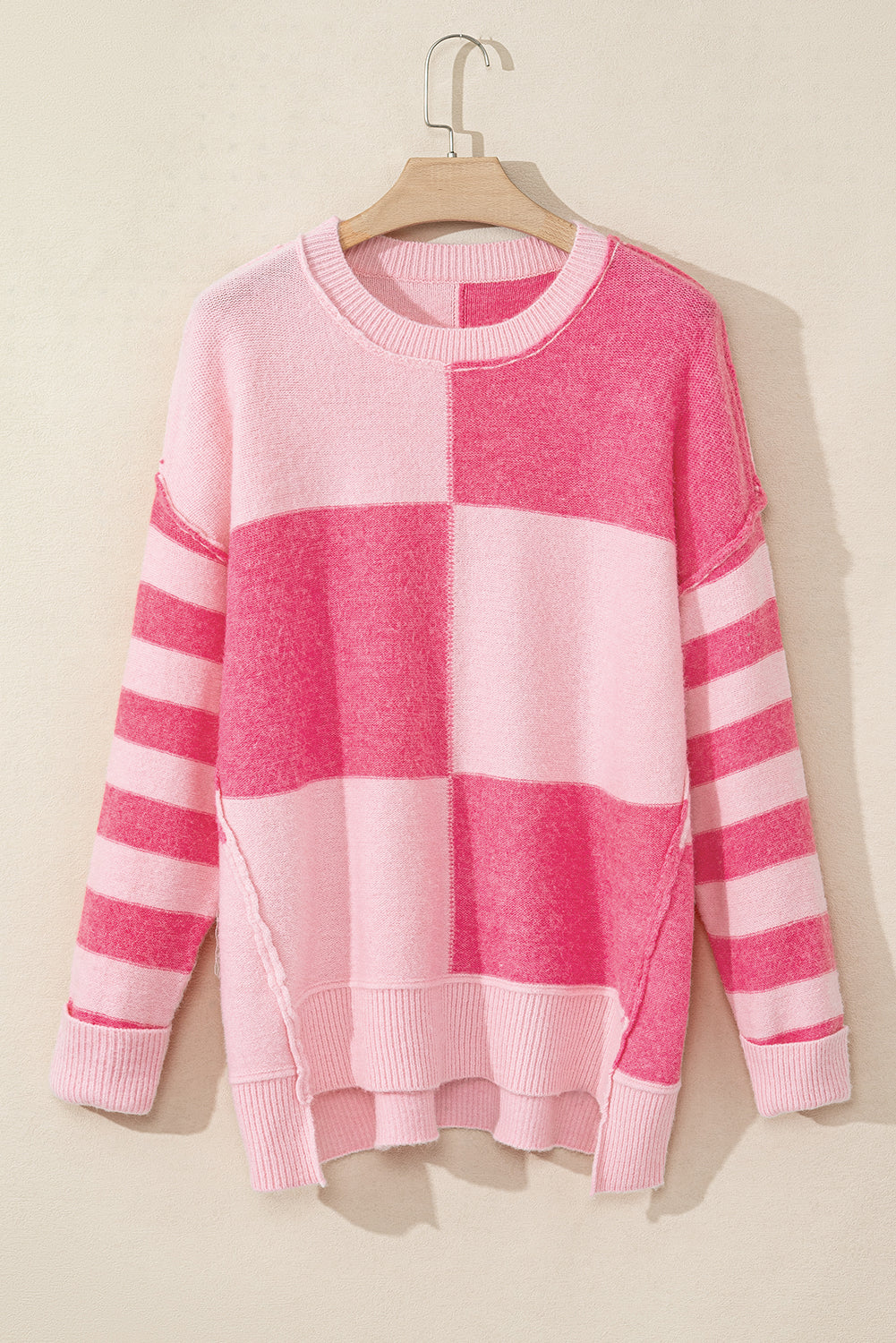 Pink Checkered Colorblock Striped High Low Loose Sweater Sweaters JT's Designer Fashion