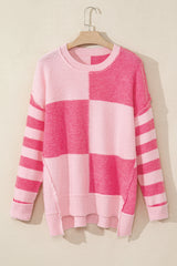 Pink Checkered Colorblock Striped High Low Loose Sweater Sweaters JT's Designer Fashion