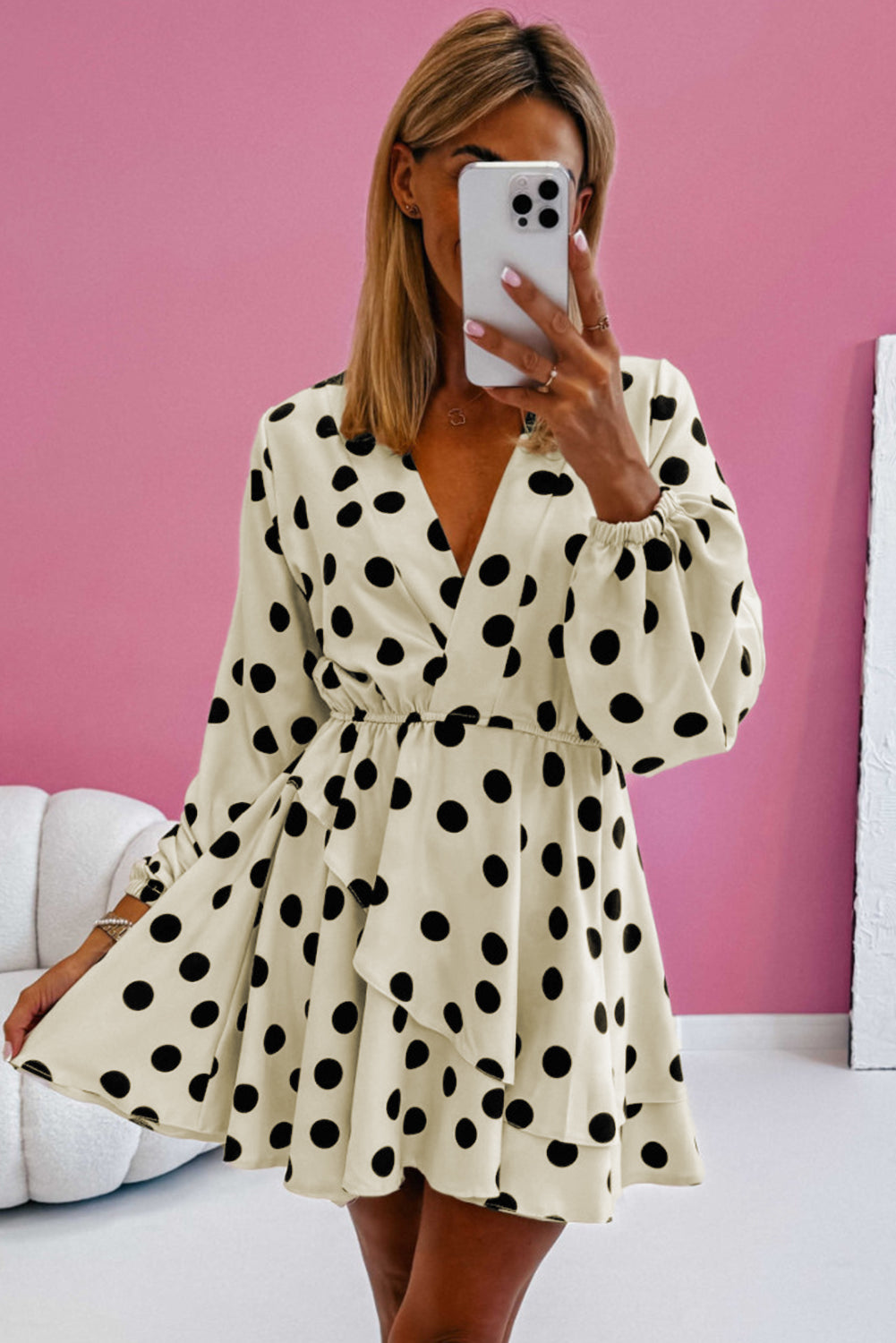Beige Polka Dot Printed Surplice V Neck Puff Sleeve Mini Dress Mini Dresses JT's Designer Fashion