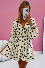 Beige Polka Dot Printed Surplice V Neck Puff Sleeve Mini Dress Mini Dresses JT's Designer Fashion