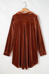 Coffee Plus Size V Neck Collared Pleated Back Rounded Hem Velvet Dress Plus Size Mini Dresses JT's Designer Fashion