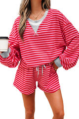 Red Stripe Drop Shoulder Baggy Pullover and Shorts Casual Set Short Sets JT's Designer Fashion