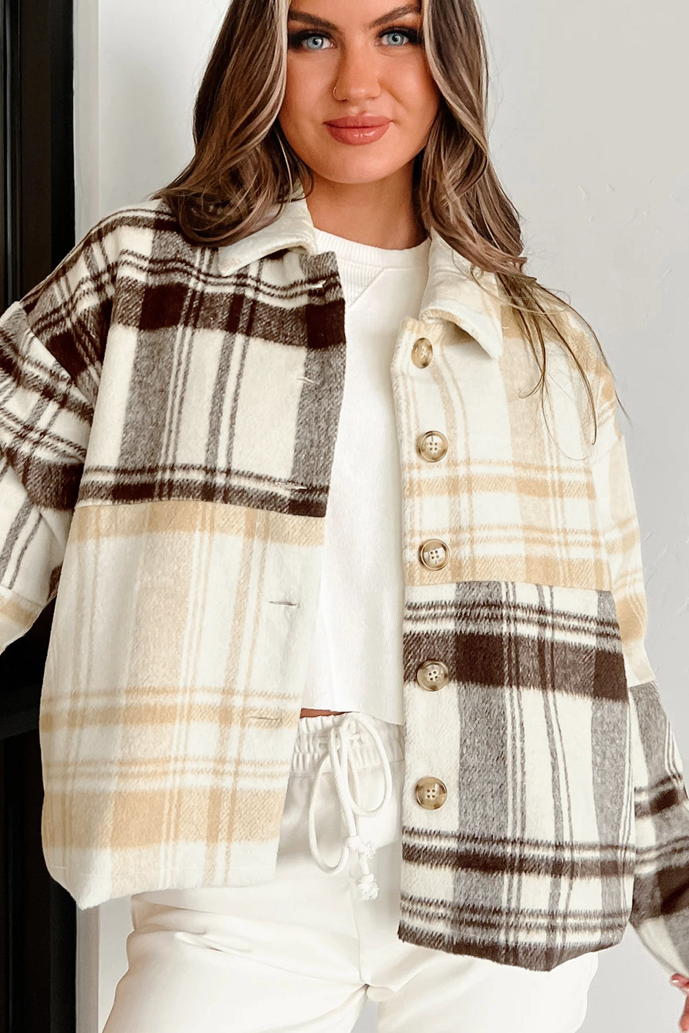 Multicolour Plaid Patchwork Side Pockets Buttoned Shacket Plaid Shackets JT's Designer Fashion
