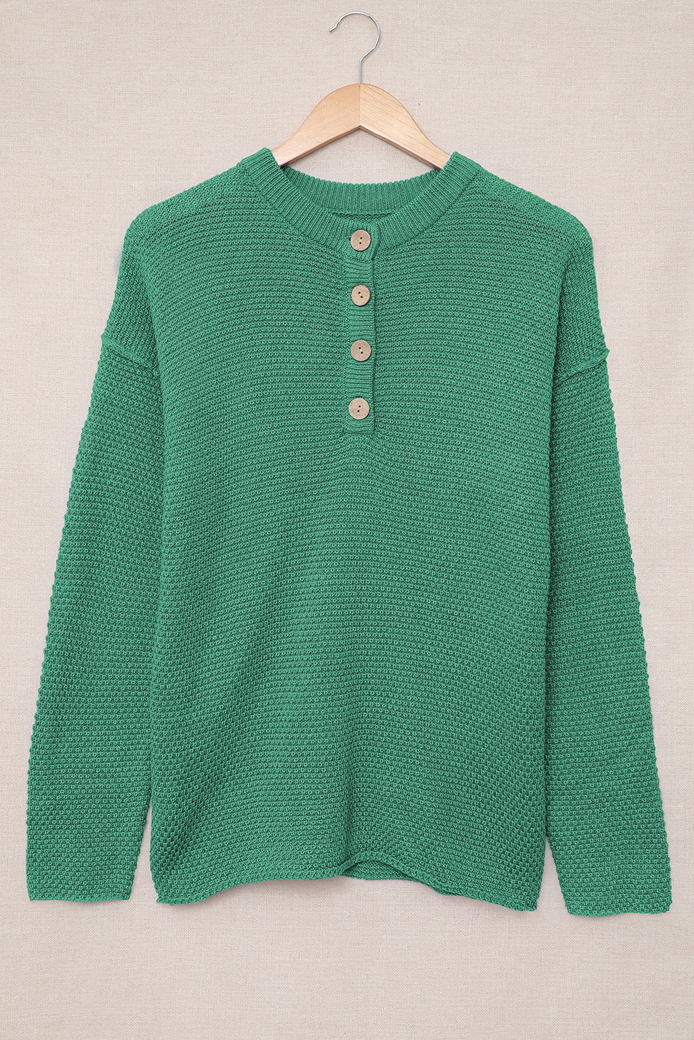 Green Henley Pullover Drop Shoulder Sweater with Slits Sweaters JT's Designer Fashion