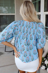 Sky Blue Floral Striped Print Shirred Yoke Split Neck Blouse Blouses & Shirts JT's Designer Fashion