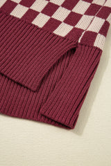 Brown Checkered Color Block Knitted Drop Shoulder Sweater Sweaters JT's Designer Fashion