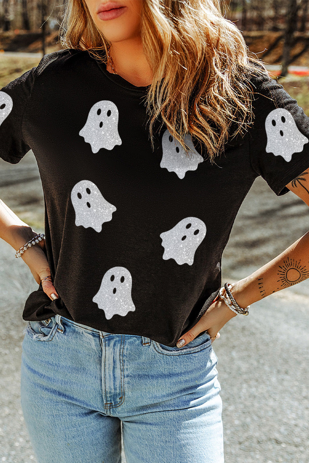 Black Glitter Ghost Pattern Crew Neck Halloween T Shirt Graphic Tees JT's Designer Fashion