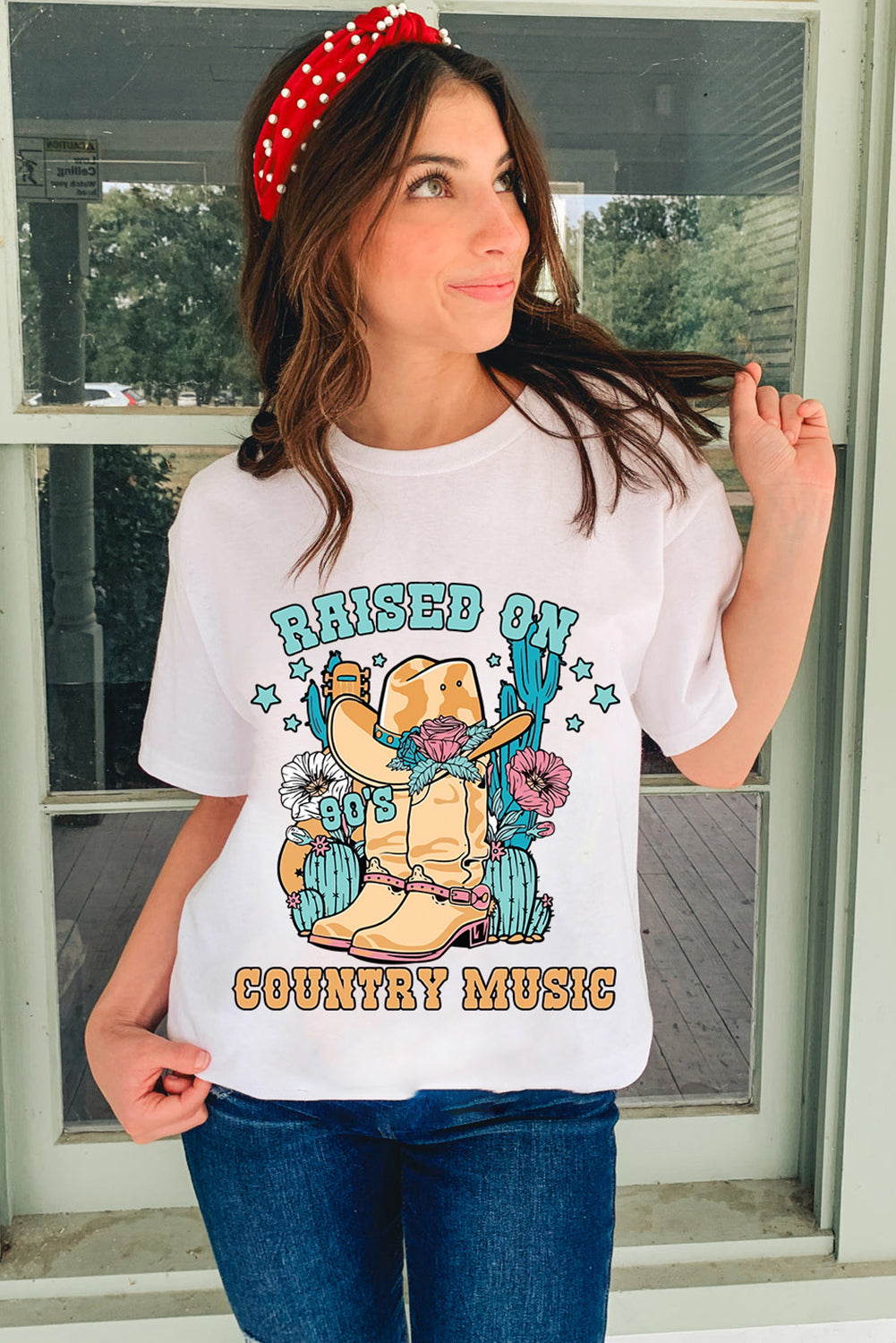 White RAISED ON COUNTRY MUSIC Western Graphic Tee Graphic Tees JT's Designer Fashion