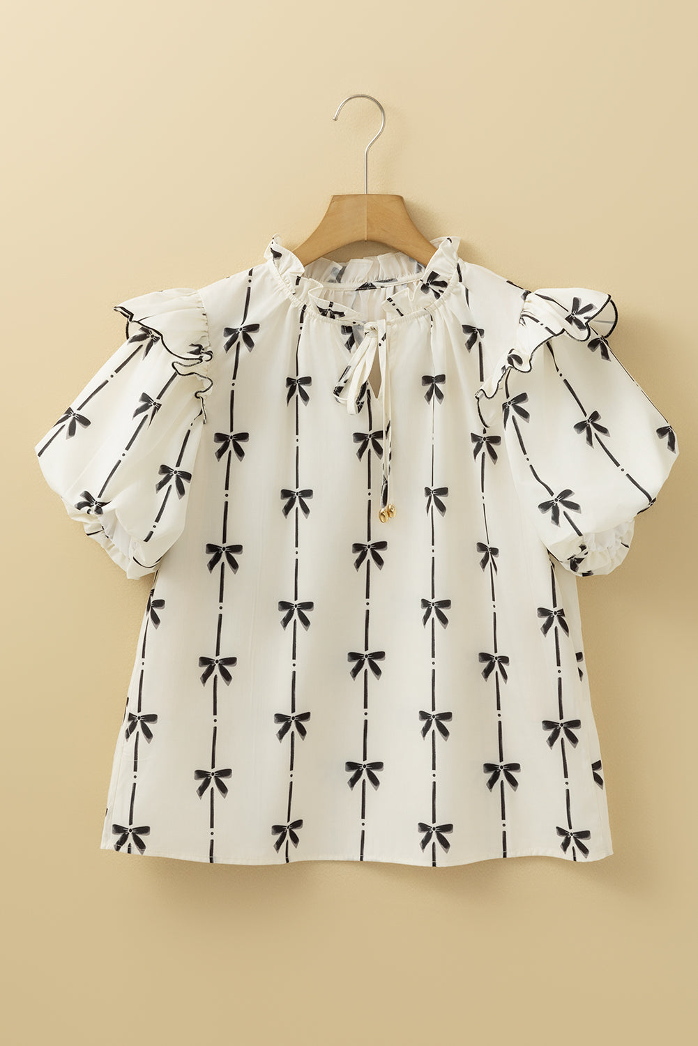 Beige Bow Printed Ruffled Bubble Sleeve Tied Notched V Neck Blouse Blouses & Shirts JT's Designer Fashion