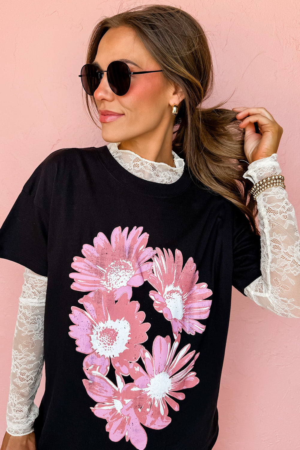 Black Pink Daisy Flower Printed Cotton Blend T Shirt Graphic Tees JT's Designer Fashion