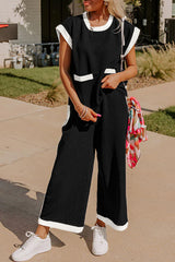 Black Color Block Pocketed T Shirt and Wide Leg Pants Set Pant Sets JT's Designer Fashion