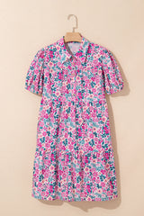 Pink Floral Collared Half Placket Short Sleeve Loose Dress Floral Dresses JT's Designer Fashion