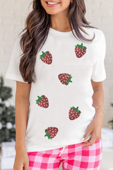 White Sequin Strawberry Patched Crew Neck T Shirt Graphic Tees JT's Designer Fashion