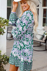 Green Floral Print Piping Trim Bubble Sleeve Square Neck Dress Floral Dresses JT's Designer Fashion