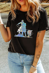 Black Laser Western Cowboy Graphic Crewneck Tee Graphic Tees JT's Designer Fashion