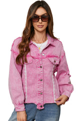 Pink Lace Patchwork Distressed Buttoned Denim Jacket Denim Jackets JT's Designer Fashion