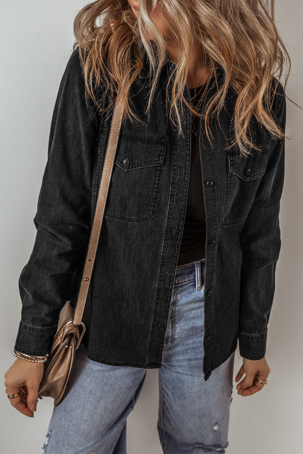 Black Flap Pocket Buttons Collared Jean Jacket Denim Jackets JT's Designer Fashion