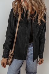 Black Flap Pocket Buttons Collared Jean Jacket Denim Jackets JT's Designer Fashion