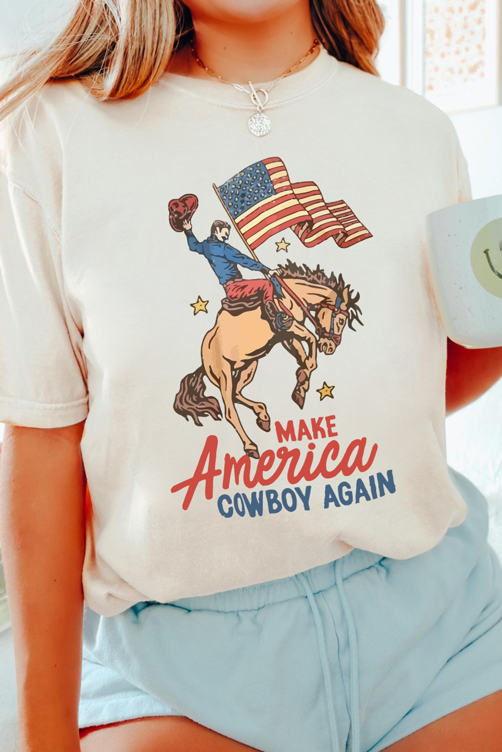 White MAKE AMERICA COWBOY AGAIN Graphic Crewneck Tee Graphic Tees JT's Designer Fashion