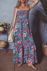Pink Floral Smocked Bust Spaghetti Straps Wide Leg Jumpsuit Jumpsuits & Rompers JT's Designer Fashion
