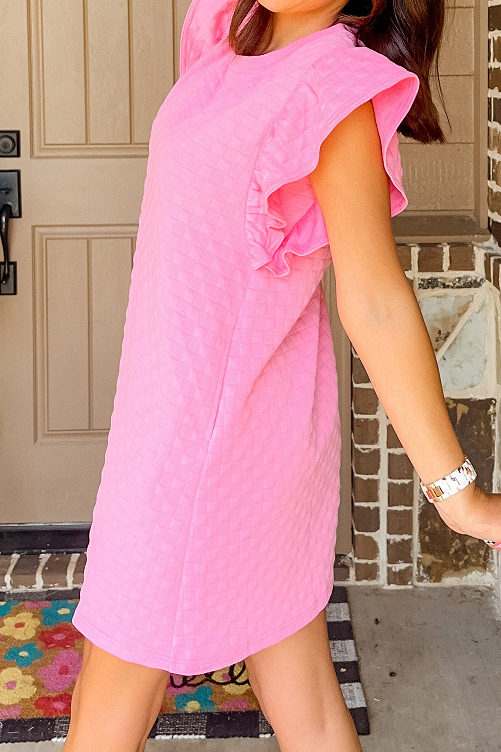 Pink Textured Ruffled Sleeve Shift Summer Dress with Pockets Mini Dresses JT's Designer Fashion