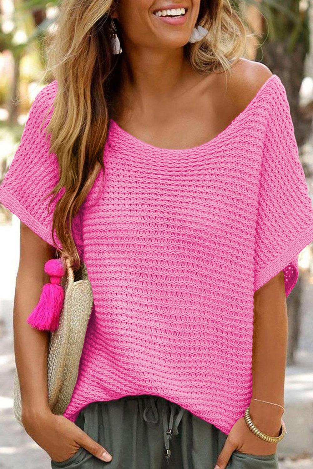 Pink Solid Loose Knit Short Dolman Sleeve Sweater Sweaters & Cardigans JT's Designer Fashion