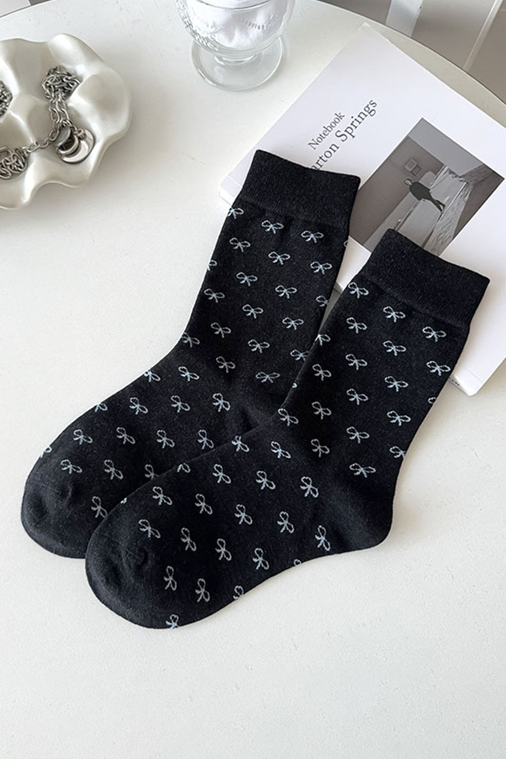 Black Bow Knots Ribbed Edge Crew Socks Socks JT's Designer Fashion