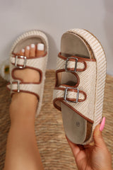 Beige Linen Dual Buckle Strap Thick Sole Outdoor Slippers Slippers JT's Designer Fashion