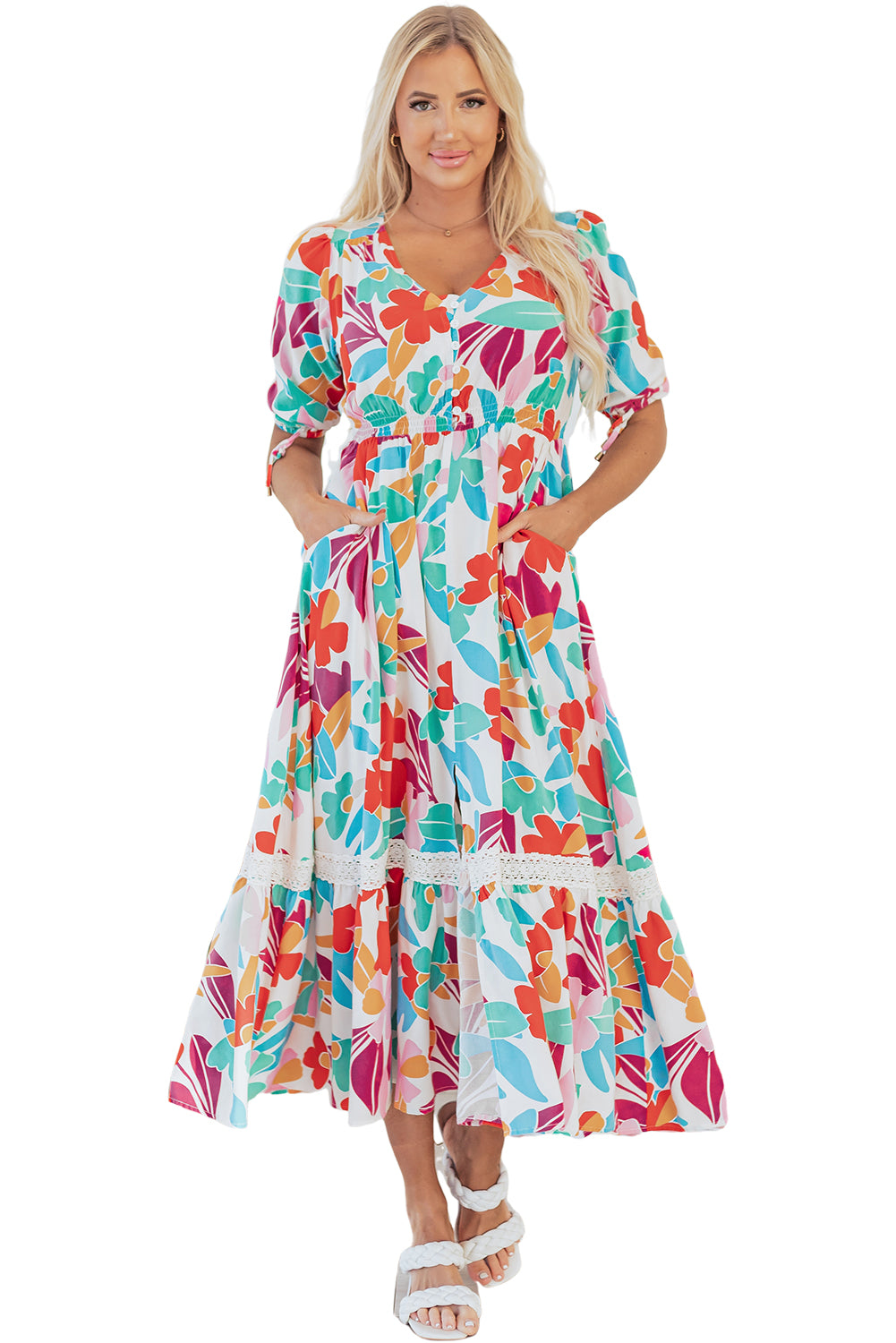 Rose Red Floral Knot Puff Sleeve V Neck Buttoned Front Split Lace Maxi Dress Floral Dresses JT's Designer Fashion