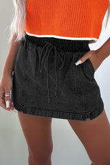 Black Drawstring High Waist Pocketed Denim Shorts Denim Shorts JT's Designer Fashion