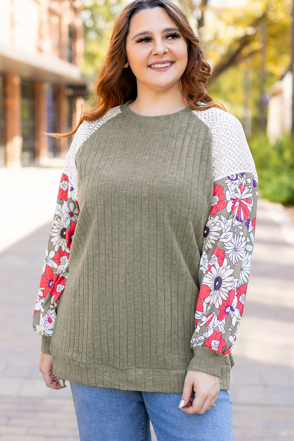Vineyard Green Plus Size Textured Floral Patchwork Raglan Sleeve Blouse Vineyard Green 97%Polyester+3%Elastane Plus Size Blouses & Shirts JT's Designer Fashion